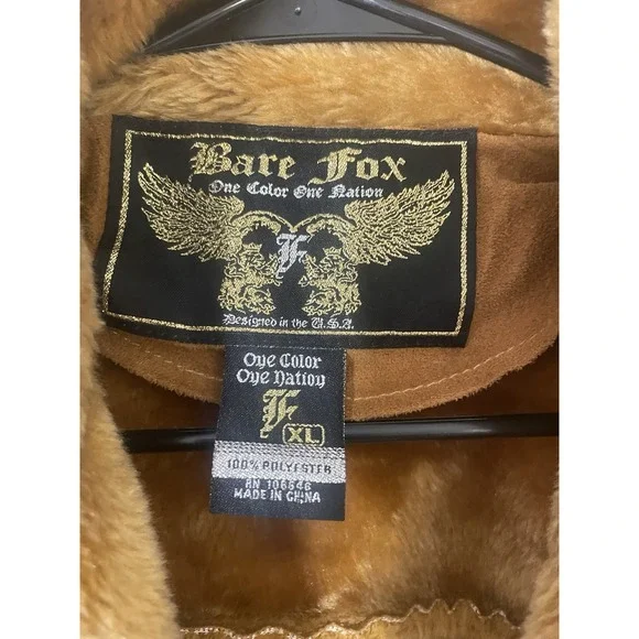 Bare Fox Brown Faux Suede Faux Fur Collar Men XL Lined Coat Size Barn Coat Y2K